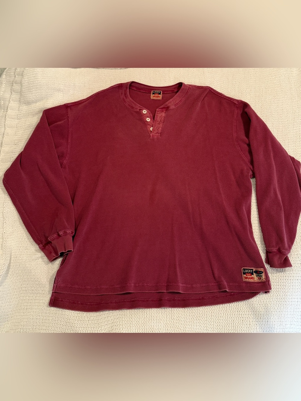 Vintage Lucky Brand Dungarees Henley XL Made in USA Burgundy Waffle Knit